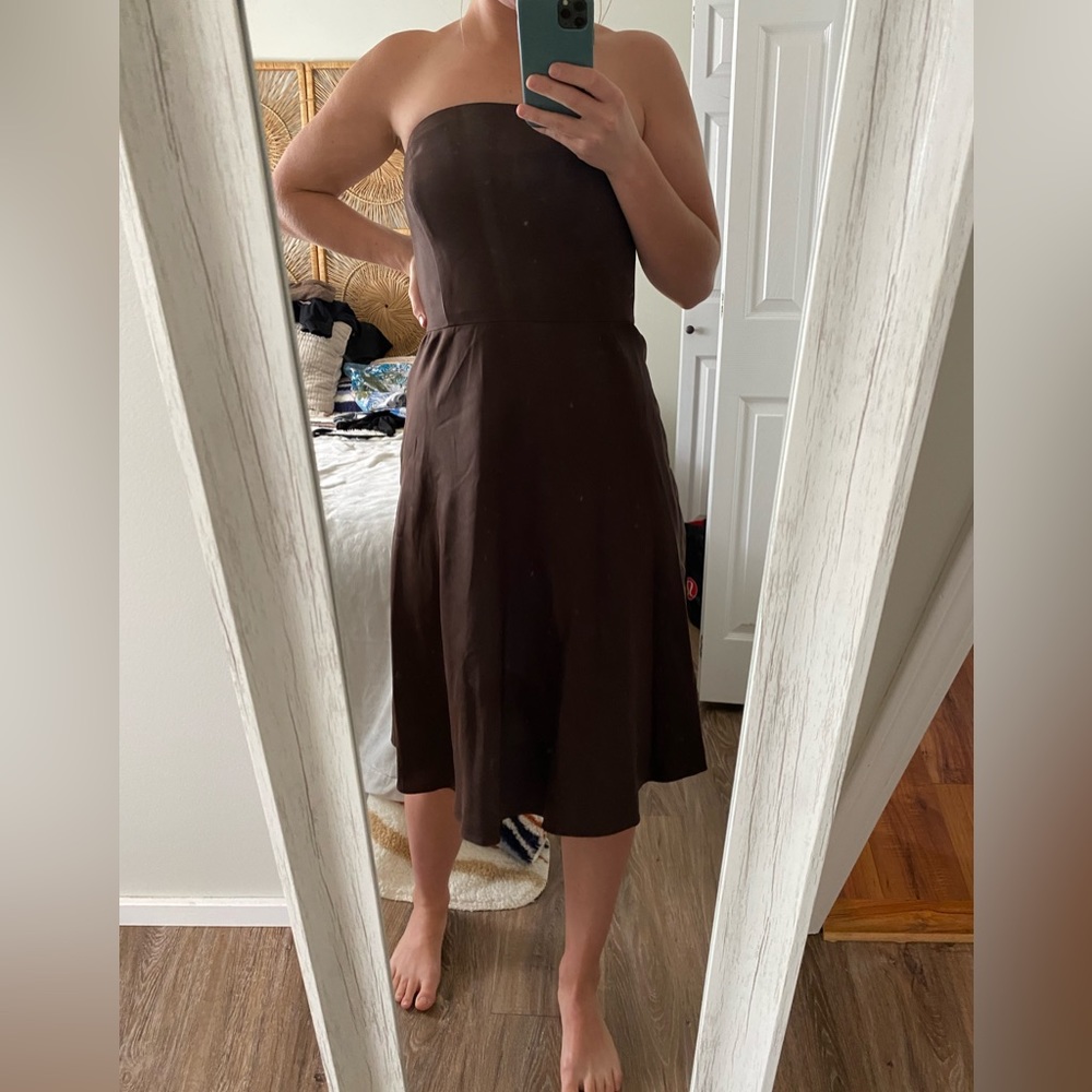 100% Silk Chocolate Brown Anne Taylor Occasions Dress NWT Strapless Tea Length